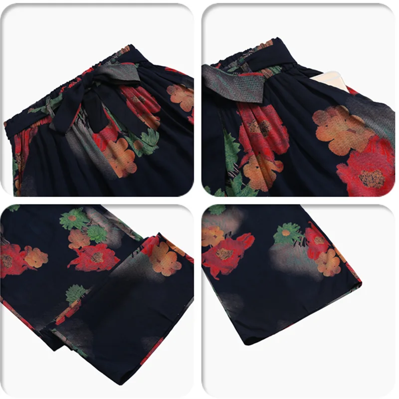 Брюки женские с завышенной талией широкие прямые штаны поясом и бантом принтом в