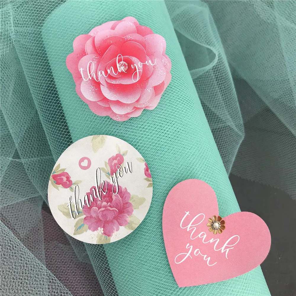 

500pcs/roll Heart Floral Thank You Round Stickers Adhesive Label Stickers For Business Gift Cards Envelope Sealing Stickers