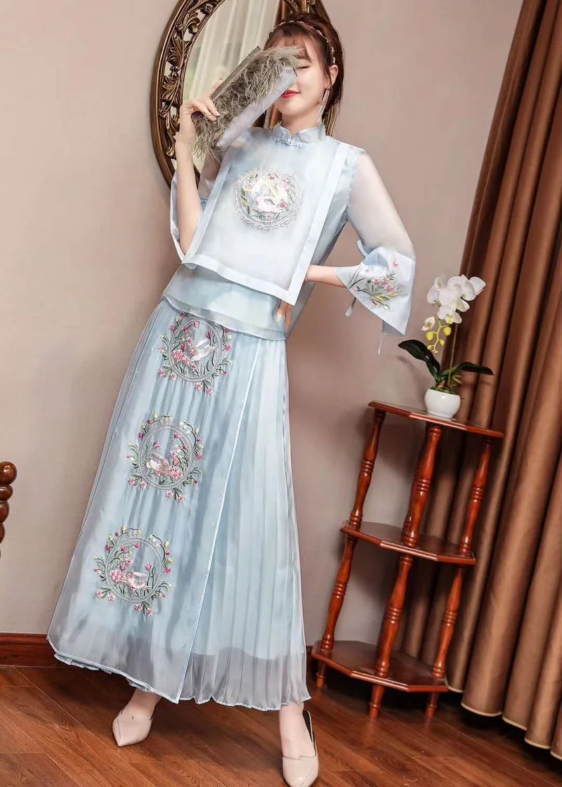 Женский костюм с вышивкой винтажный топ + плиссированная синяя юбка длиной до