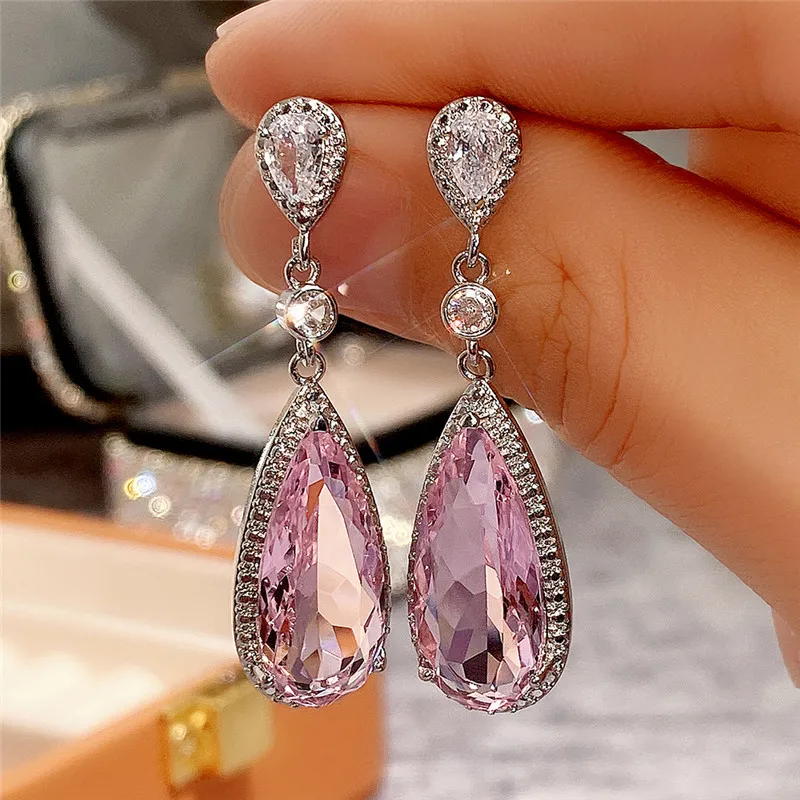 

Huitan Luxury Big Water Drop Pink CZ Dangle Earrings for Women Novel Design Engagement Wedding Accessories Party Fashion Jewelry