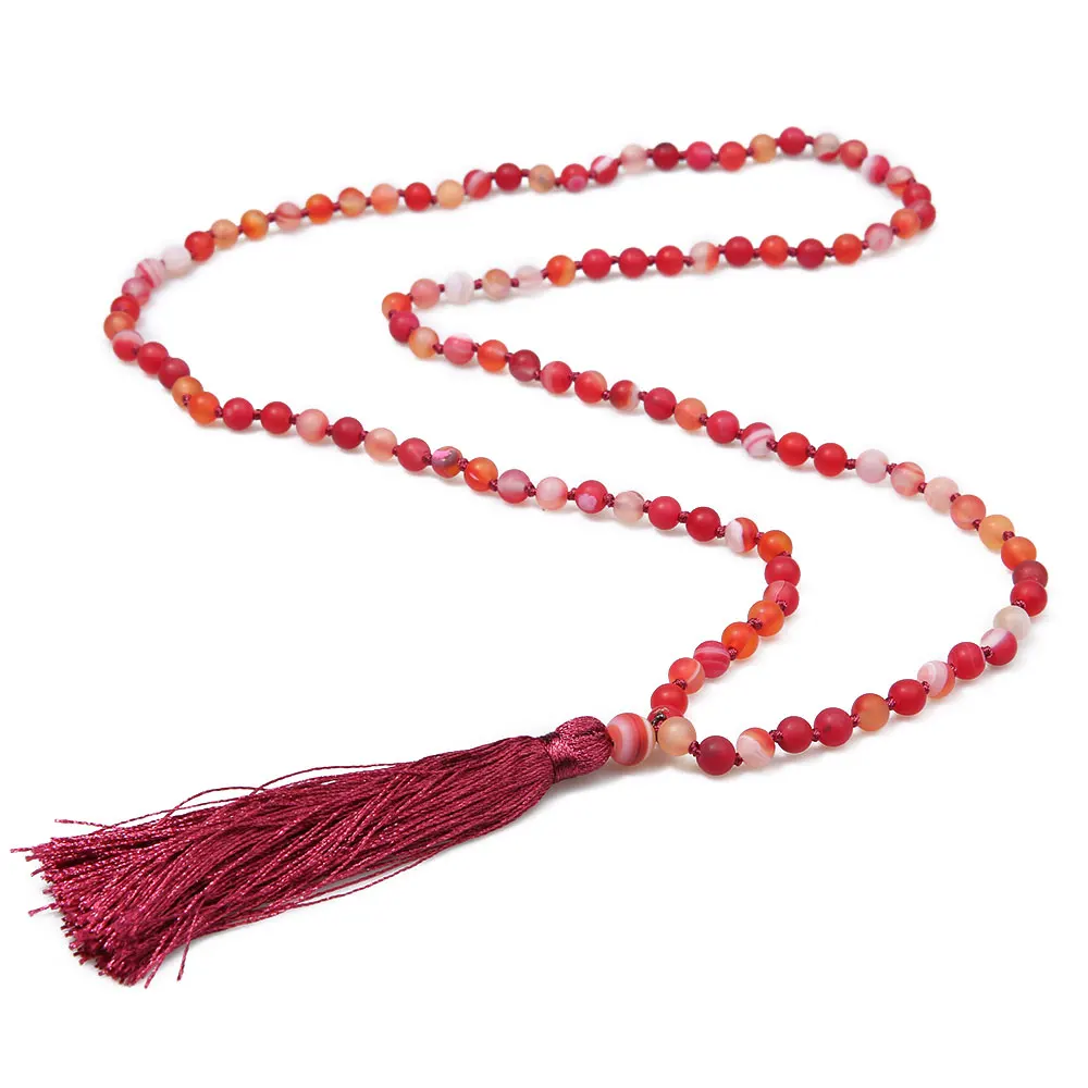 

6mm Red Onyx Japamala Necklace Meditation Yoga Spirit Jewelry 108 Mala Beaded Knotted Tibetan Rosary Blessing with Tassel