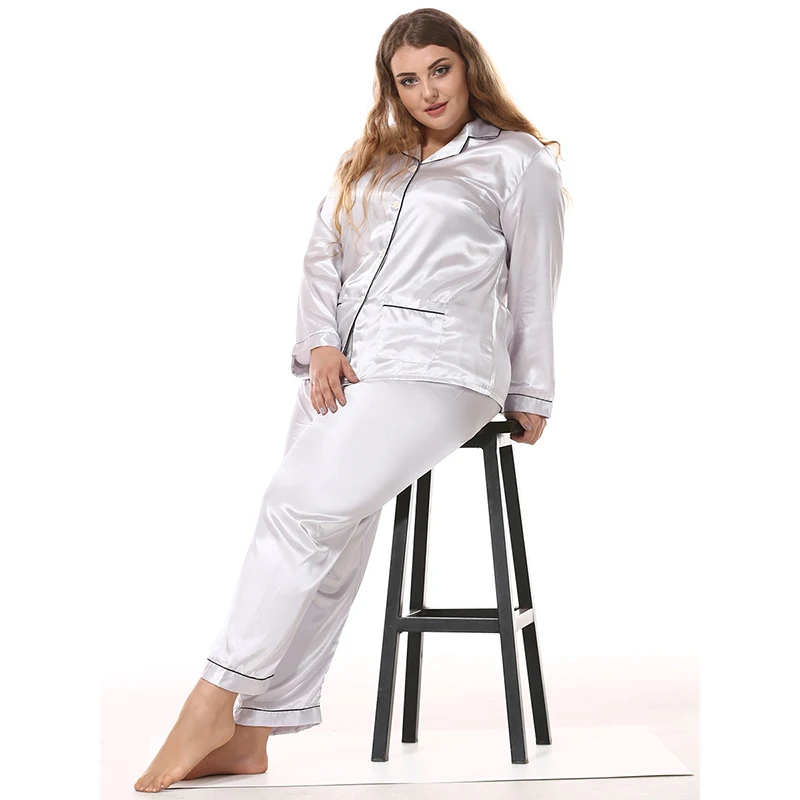 Big Size Lady Imitation Silk Pajama Sets Satin Silk Clothes + Long Pants Two-Piece Sets Casual Sleepwear Fat MM Women 8219