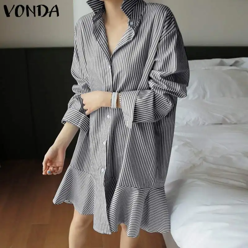 

VONDA Women Ruffled Dress Casual Lapel Button Down Striped Shirt Dresses Bohemian Vestidos Summer Beach Sundress 5XL Robe