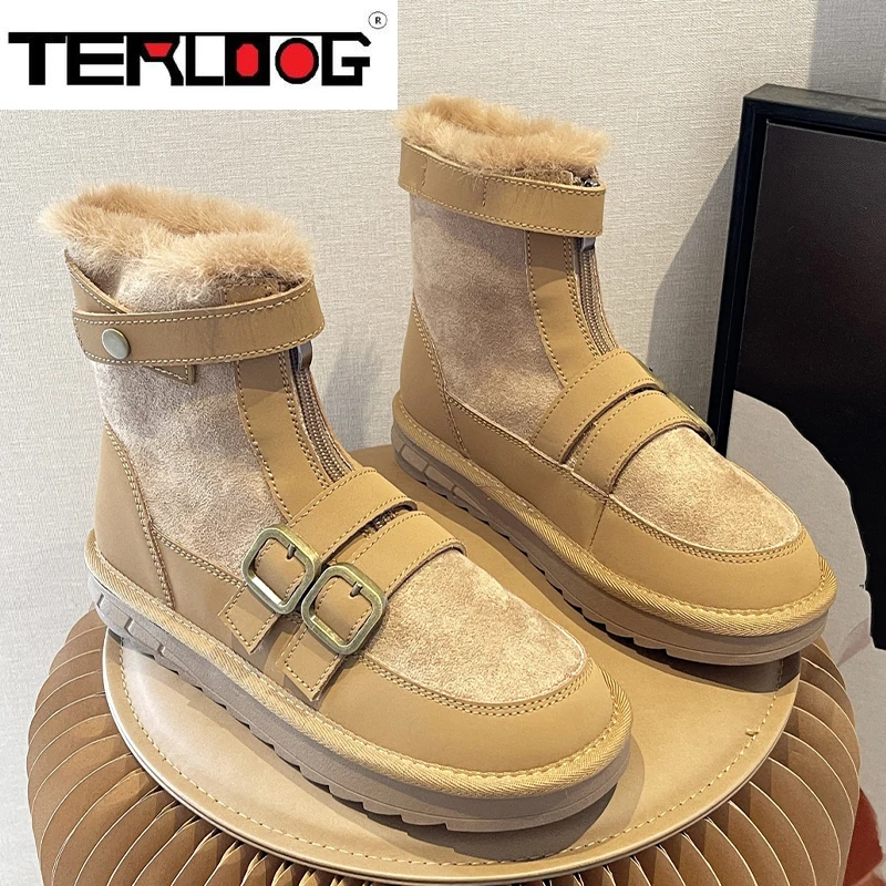 

Women's Shoes Suede Flats Platform 2022 New Winter Fashion Black Warm Boots Zipper Casual Furry Snow Ankle Boots Mujer Zapatos