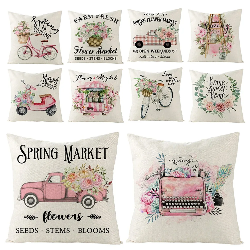 

Pillow Cover Spring Flowers Soft Plush Cushion Cover For Sofa 100% Cotton Linen Cushion Home Decoration Pillowcase