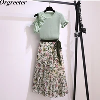 two piece set women cute cut out off shoulder knit sweater tops greenpink and ruffles floral chifffon skirts suits summer new