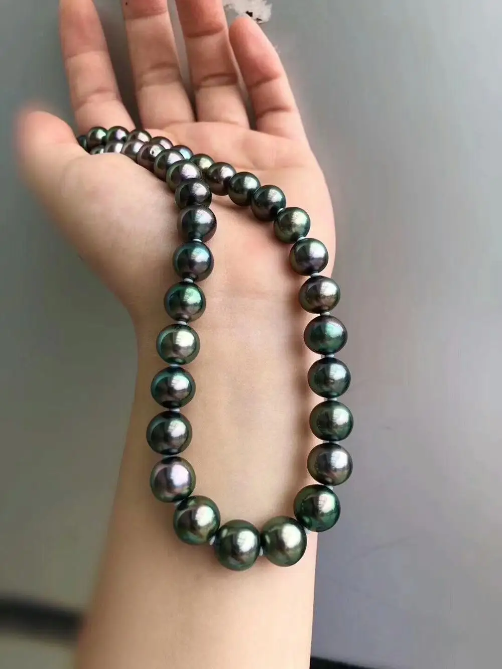 

HUGE AAA 10-11MM ROUND SOUTH SEA GENUINE BLACK GREEN PEARL NECKLACE 18" 925silver GOLD