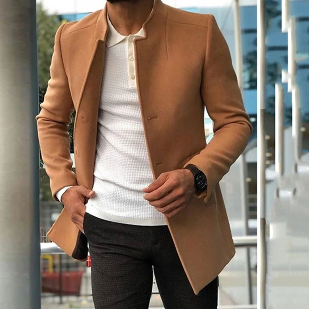 

Fashion Men Slim Woolen Coat Simple Stand Collar Single-Breasted European Black Jacket Cardigan Oversize Windbreaker 2021 Spring