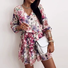 Spring Women's Chiffon V Neck Flower Print Dress Casual Long Sleeve Short Dress Female Boho Leisure A Line Party 2021 (4)