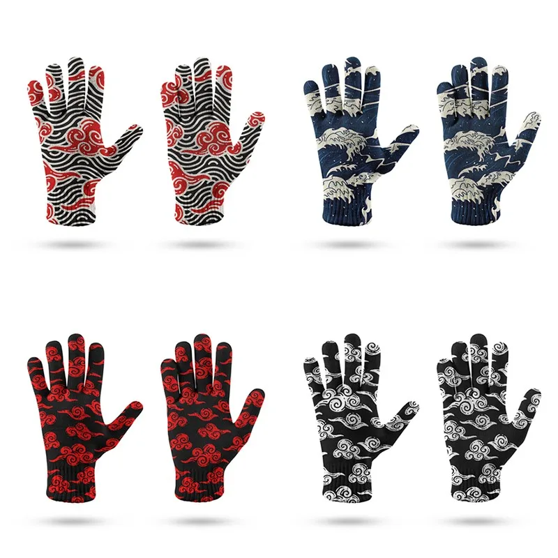 

3D Printed Japanese Style Pattern Knitted Gloves Touch Screen Gloves For Men Driving In Winter Nylon Non-Slip Ladies Work Gloves
