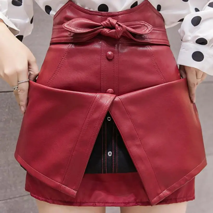 2019 auutmn Зимняя юбка из искусственной кожи с бантом Женская высокой талией и