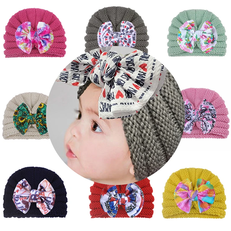 

1PC Kids Hat High Quality Baby Woolen Cap Lovely Comfortable Printed Bow Hats Neutral Knitted Baotou Caps