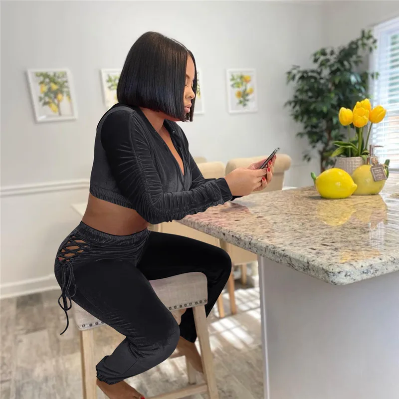 

Imcute Women V-neck High Waist Sports Suit Casual Tight Solid Color Zipper Hooded Tops Hollow Out Long Pants 2pcs Set Tracksuit