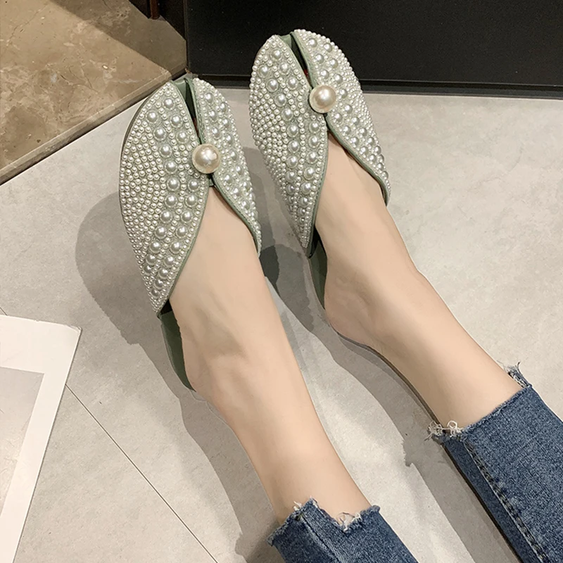 

Loafers Peep Toe Shoes Woman 2021 Low String Bead Slippers Casual Pantofle Female Mule Cover Luxury New Flat Mules Spring Rubber