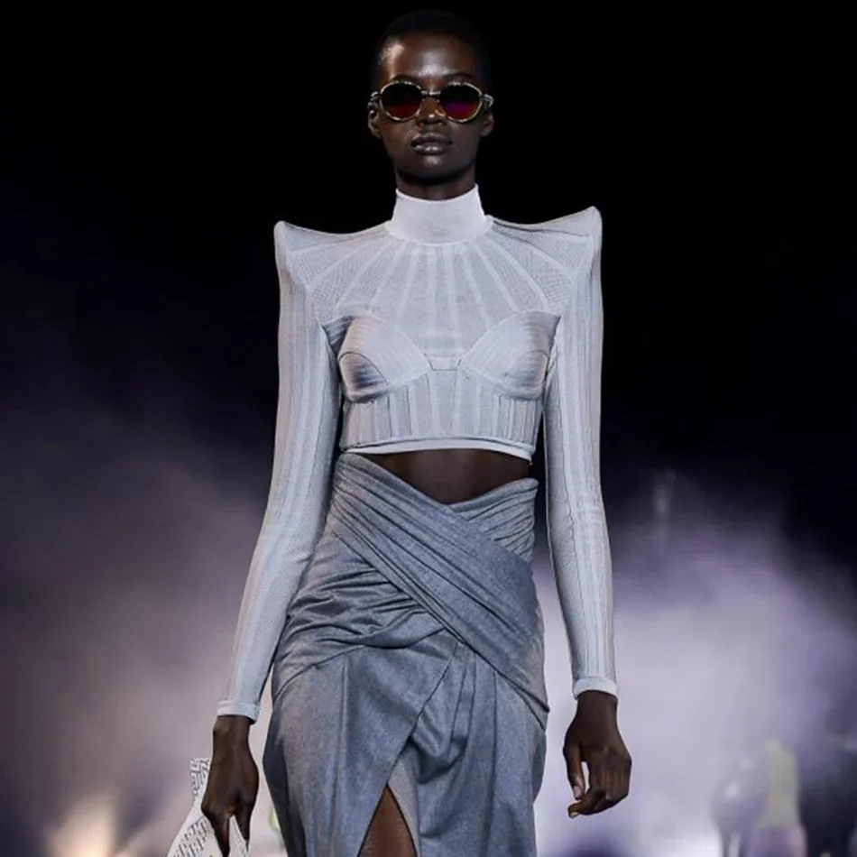 

Женский топ с длинным рукавом, короткий бандажный топ в полоску с высоким воротником, вечерний клубный топ знаменитости, 2021