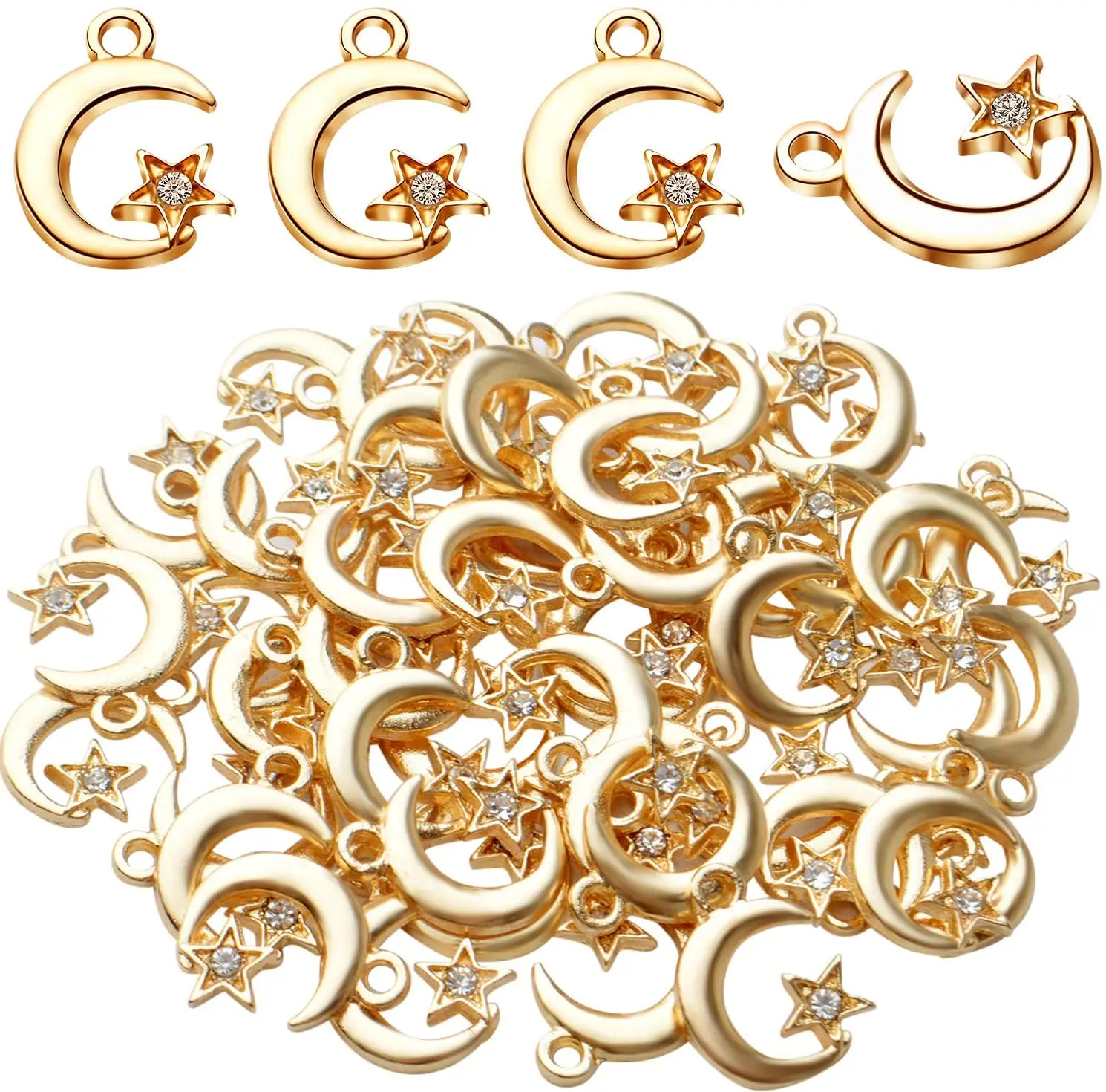 

50pcs Golden Moon Star Charms with Rhinestone Alloy Celestial Crescent Dangle Pendants for DIY Jewelry Making Crafts Projects