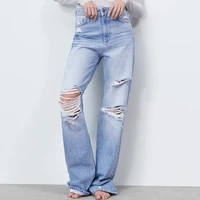 za 2021 women tide stretch straight ripped jeans washed full length high waist denim pants pocket boyfriend hole trousers mujer