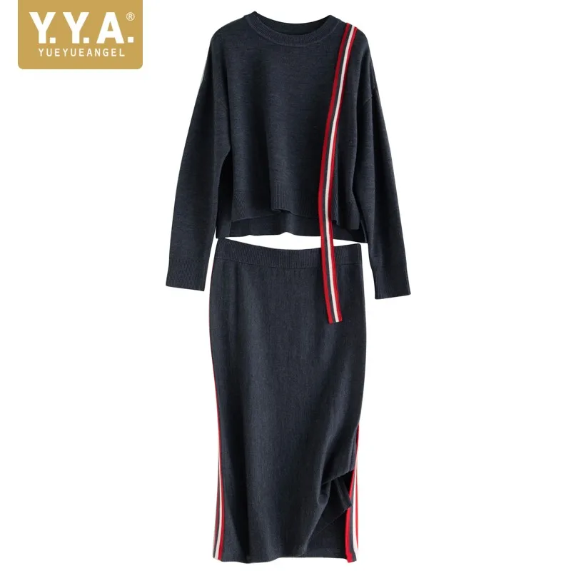 

Fashion Autumn Sets Womens 2021 New High Quality O-Neck Loose Straight Blouse Elegant Elastic Waist Skirt Two-Piece Suit