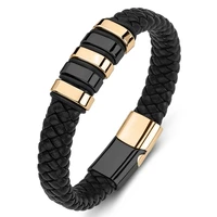 fashion stainless steel braided genuine leather men bracelets handmade party bangles punk rock male wrist band jewelry gift p181
