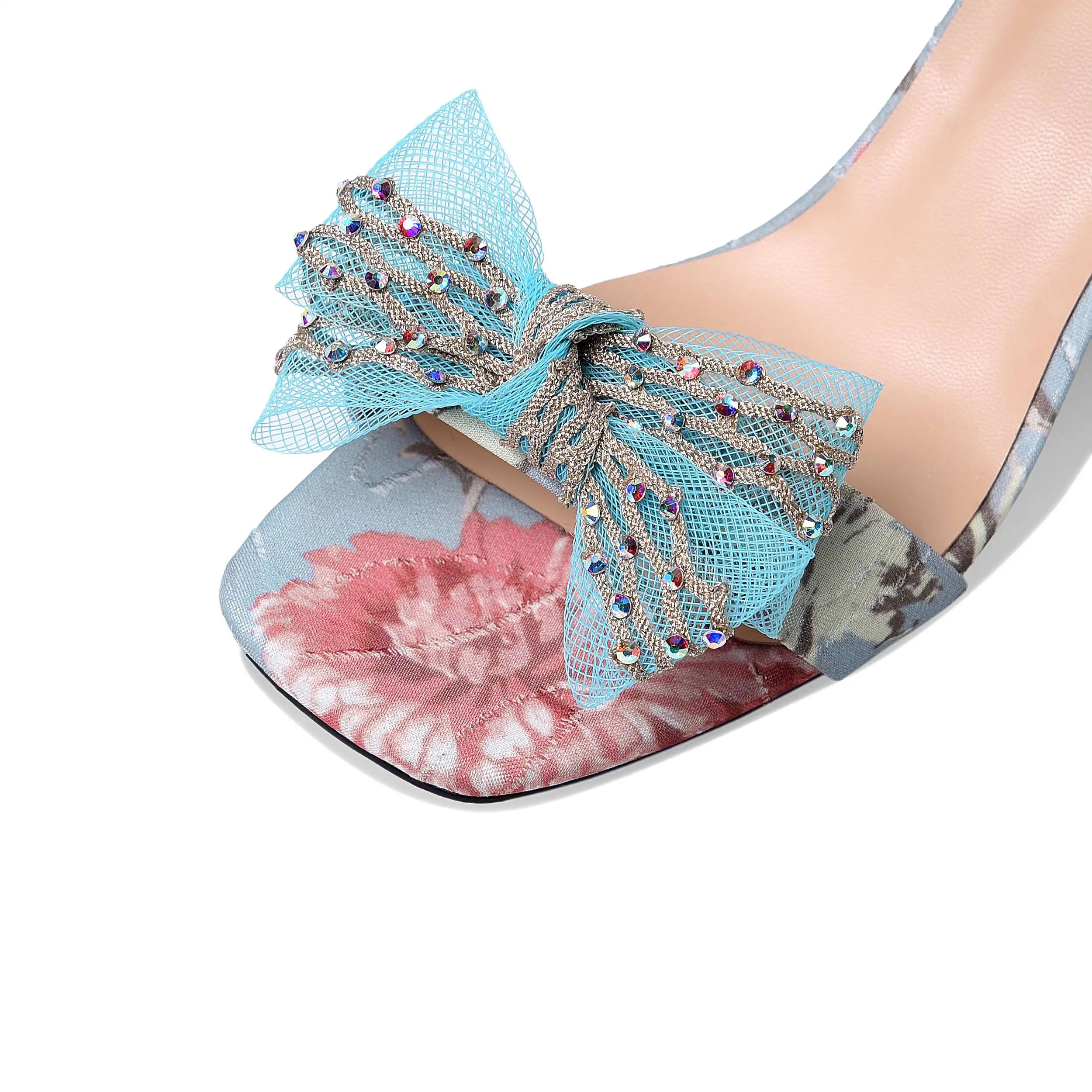 

Krazing pot new size 42 pig leather high heel strange style bowtie diamond printing sweet girls buckle straps sandals women L9f1