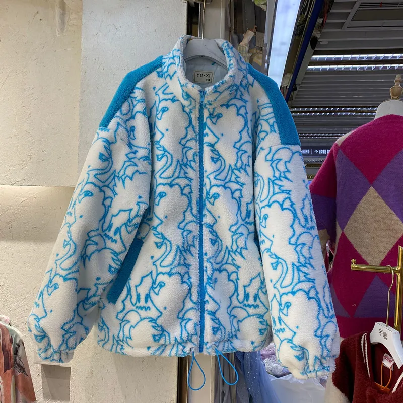 Куртка женская из искусственного меха ягненка модное Свободное пальто с принтом