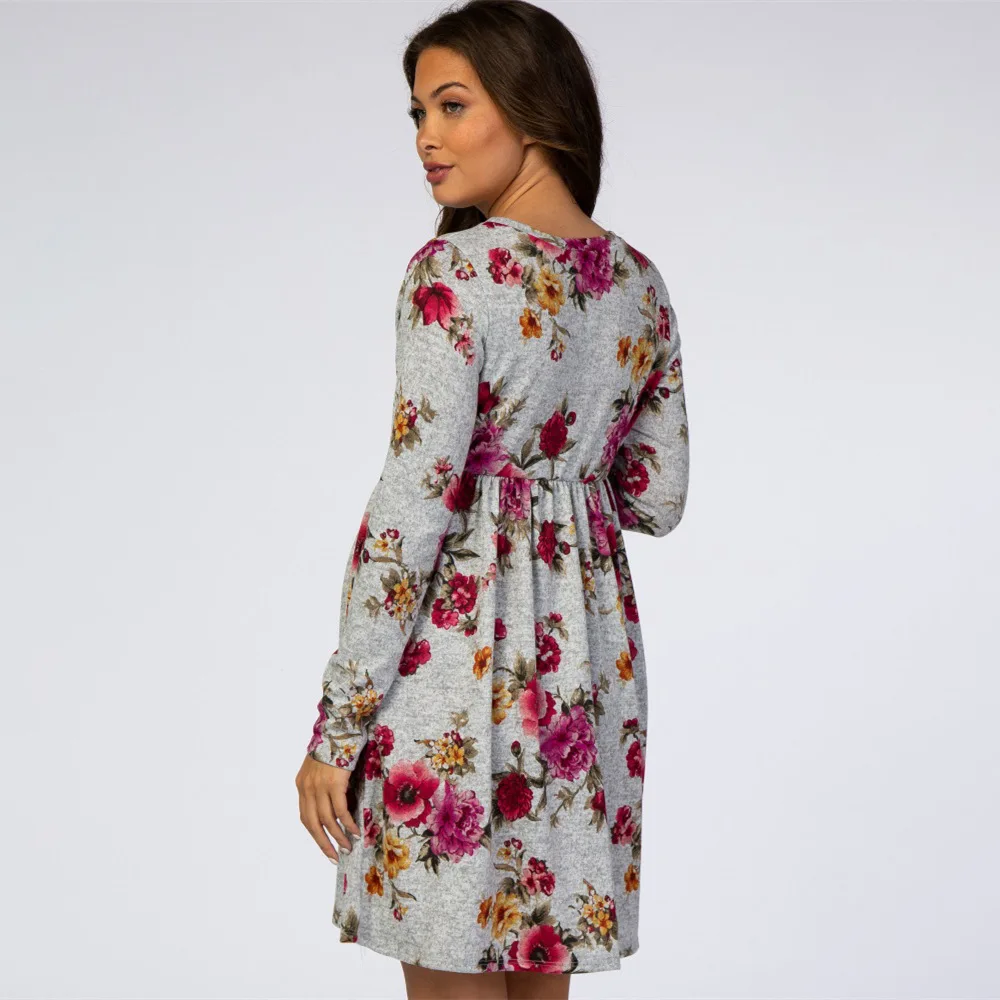 

2021 New Fashion Women Dress Long Sleeve Casual Loose O Neck Floral Printed Pregnancy Dress Nursing Dress Breastfeeding Vestidos