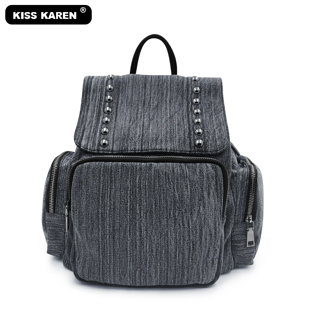 Casual Fashion Women's Backpacks with Rock Rivets Jeans Denim Travel Bags Studded Drawstring | Багаж и сумки