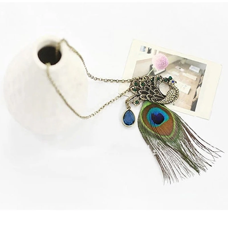 Женское Ожерелье элегантная Длинная цепочка в стиле ретро с павлиньими перьями и
