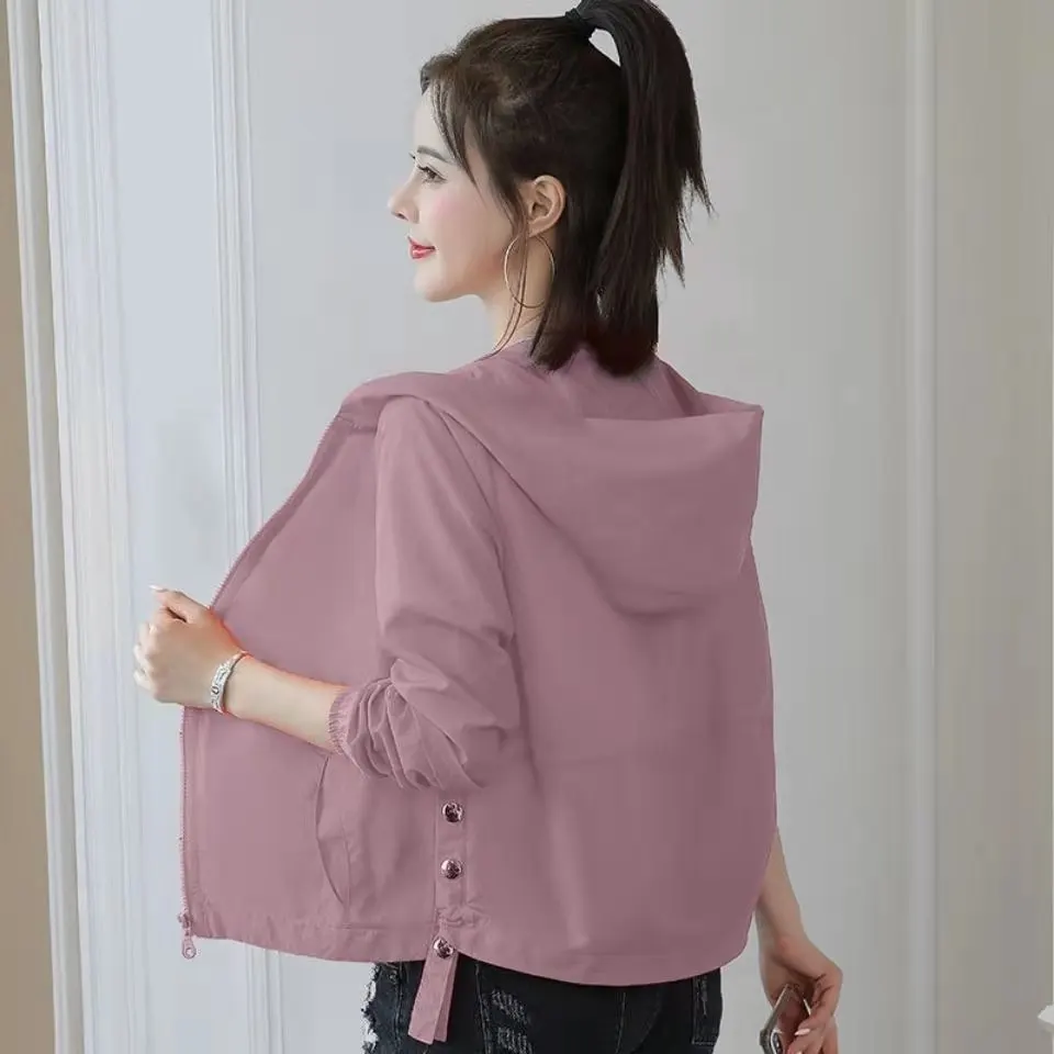 

Korean Style New Women's Spring Jackets 2021 Summer Oversized Sunscreen Clothing White Hooded Coat With Zipper Jacket Femme