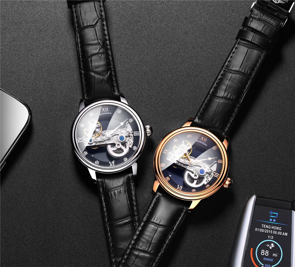 Часы скелетоны GUANQIN Мужские механические светящиеся водонепроницаемые