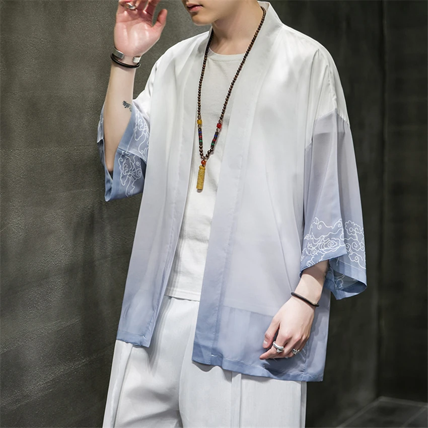 

2021 New Hanfu Men Ice Silk Cardigan Shirt Men Chinese Style Open Stitch Outwear Man Robe Trench Sun Protection Tops