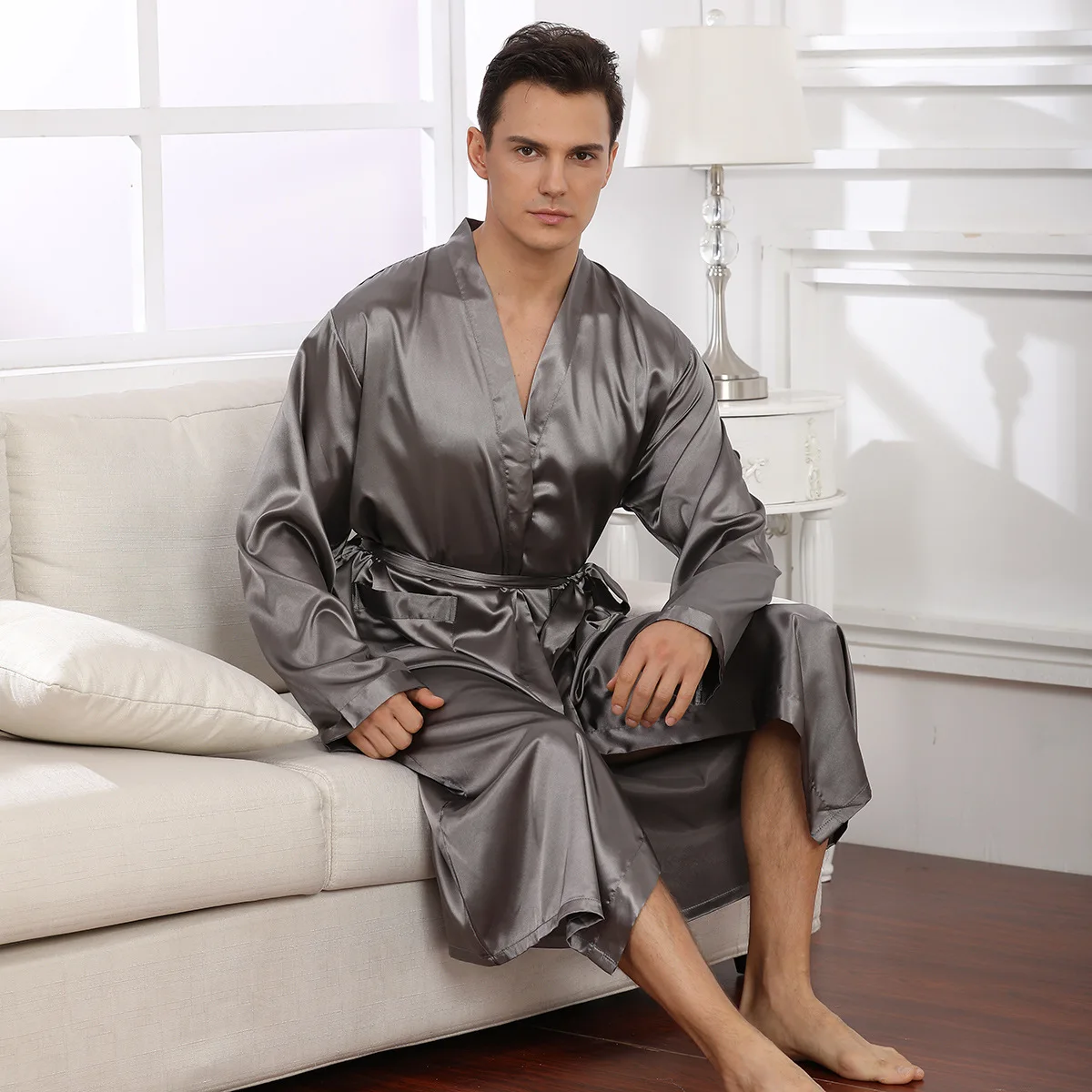 Fdfklak 2022 New Men Gray/Black Lounge Sleepwear Silk Nightwear Comfort Bathrobes Spring Summer Long Sleeve Thin Sleep Robes