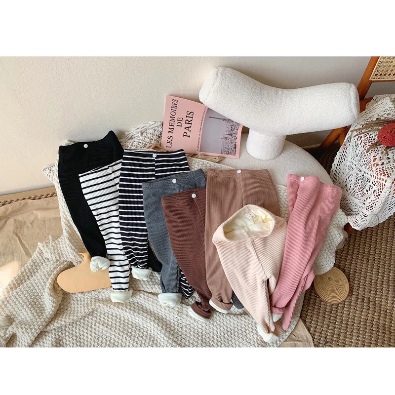

WLG Girls Boys Pants Kids Trousers Fall Winter Velvet Thick Pit Gray Black Pink Beige Striped Pant Baby Warm Casual Bottoms 2-7T
