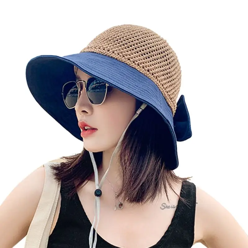

Women Summer Contrast Color Sun Visor Hat Weave Straw Patchwork Sweet Bowknot Wide Brim UV Protection Foldable Beach Cap