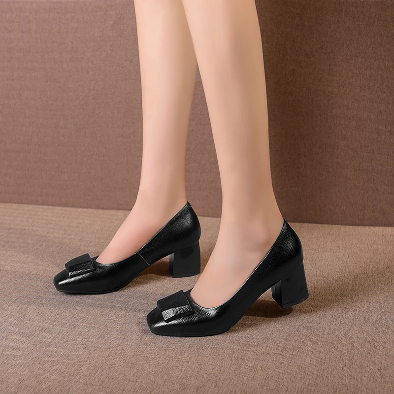 

Brand Pumps Elegant Office Basic Dancing Shoes Woman Spring Quality Genuine Leather Shallow Women Plus Size Square Heels