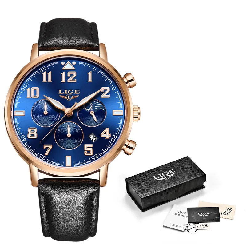 Rose gold blue L LIGE новые мужские s часы лучший бренд класса люкс Бизнес Кварцевые часы мужские спортивные полностью стальные Водонепроницаемые Синие часы Relogio Masculino - Цвет: Rose gold blue L