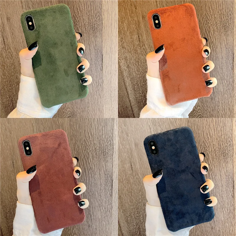 Winter Warm Plush Phone Case For iPhone 7 8 Plus 11 Pro X XR XS Max Furry Cloth Plain Soft PU Back Cover |