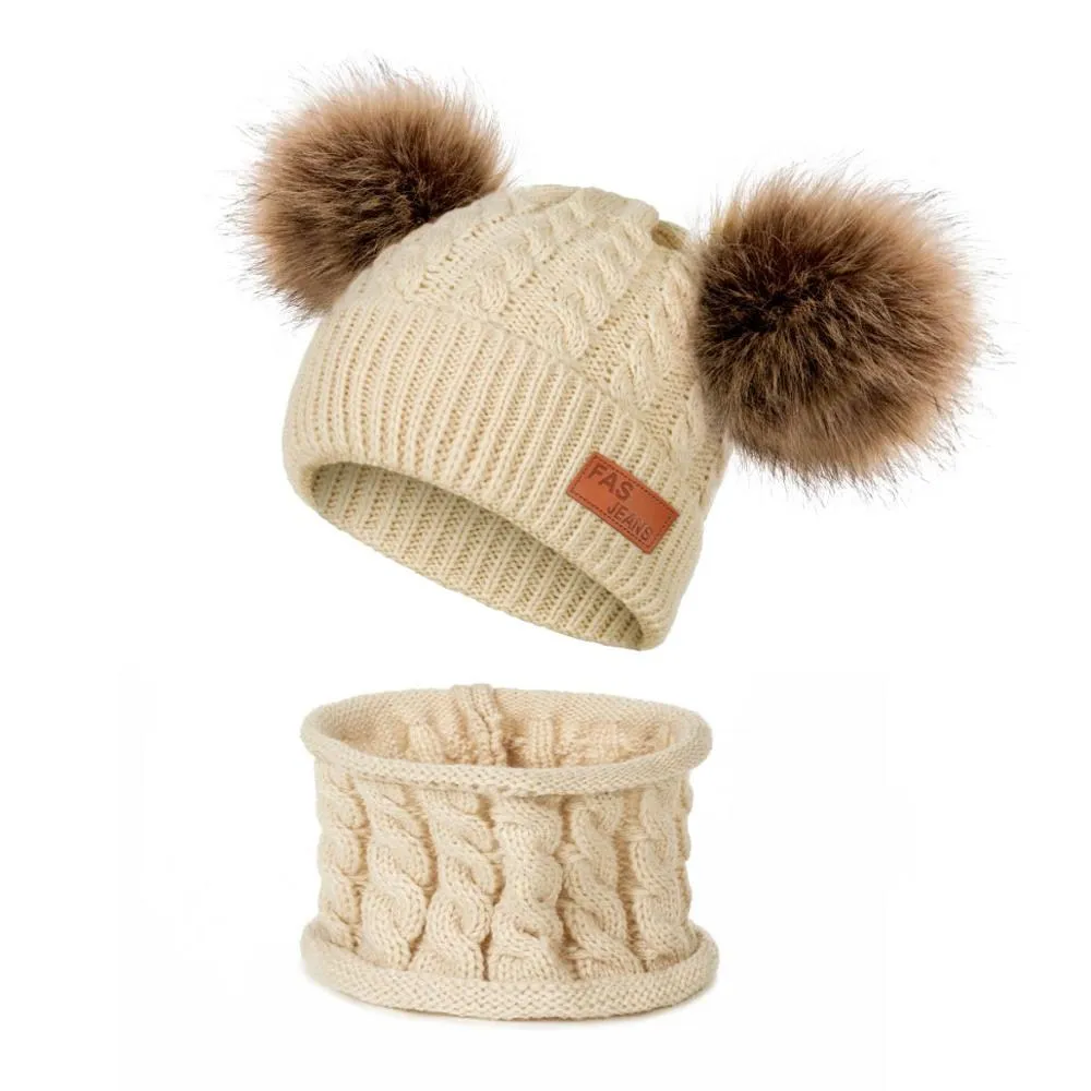 Beige set Детская шапка с помпоном, зимний шарф, детская шапка, вязаная Милая шапка для девочек и мальчиков, Повседневная однотонная шляпа детская шапочка - Цвет: Beige set