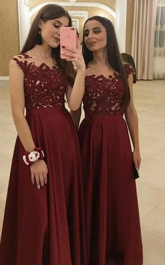 

Bridesmaid Dresses Sheer Neck Floor Length Appliques Bodice Chiffon Garden Country Wedding Guest Gowns Maid of Honor Dress