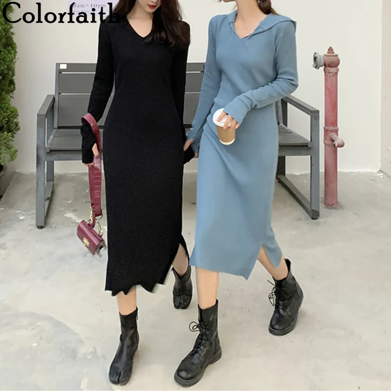 

Colorfaith New 2021 Women's Spring Autumn Dresses Hooded Knitted Fashionable Korean Style Elegant Vintage Long Dress DR40051