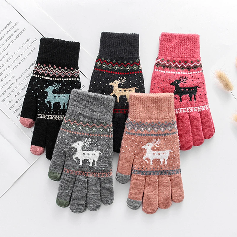 

1Pair Women Vintage Christmas Deer Knitted Gloves Thicken Touch Screen Winter Warm Snow Elk Full Finger Mittens Xmas Gift