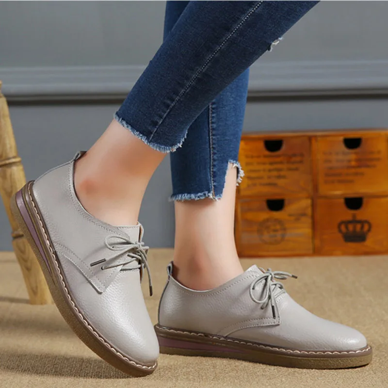 

BEYARNE2019Autumn Women Boat Shoe Genuine Leather Women Shoes Woman Lace-Up Flats Shoes Ladies Solid Oxfords Female LoafersE959