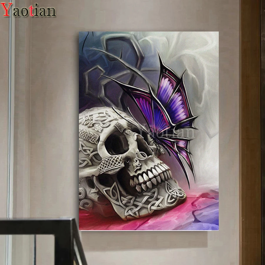 

Полноразмерная Алмазная 5D картина «сделай сам», фиолетовая бабочка, Череп, вышивка крестиком, мозаика для творчества, рисунок для алмазной ...