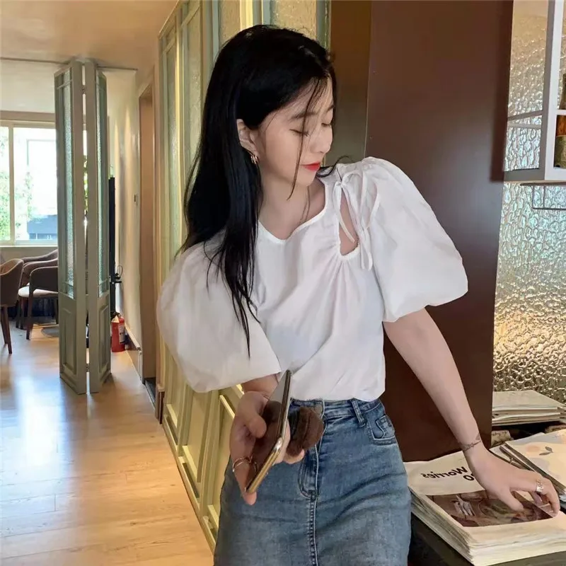 

Fashion Brand Tees Pink Puff Sleeve T Shirts Loose Sweet Style Women's Clothing Hollow Out White Tops O-neck Female New