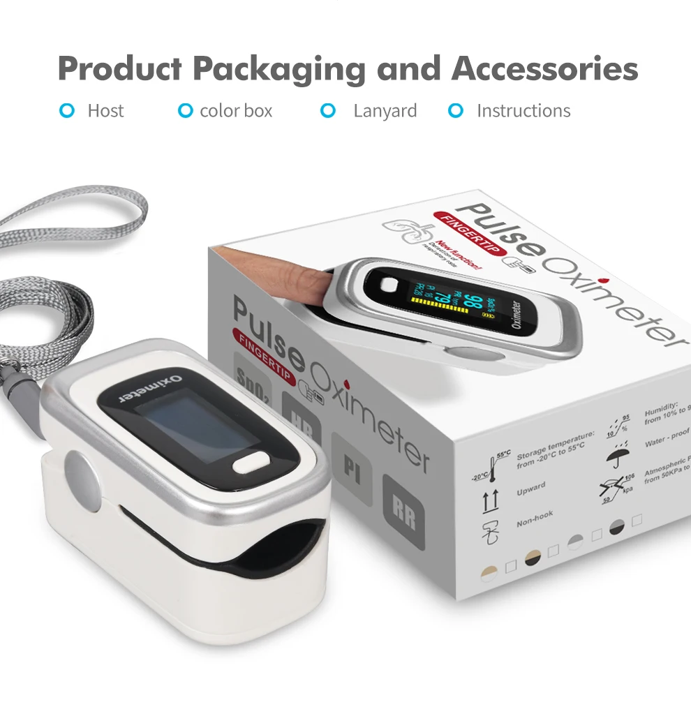 

Pulsed fingertip OLED alarm setting oximeter Spo2 PR RR PI respiratory frequency monitoring automatic shutdown elderly