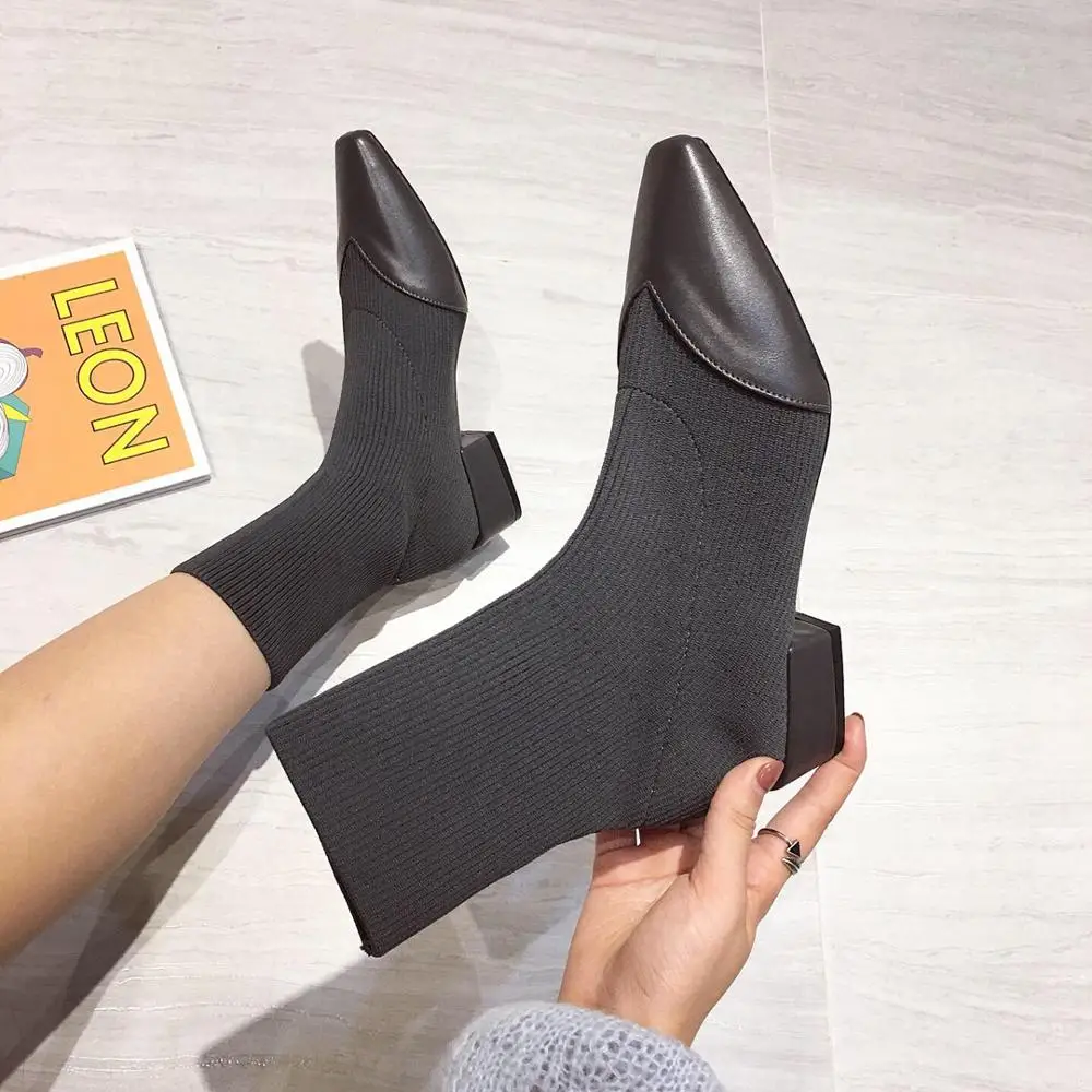 

2021 Summer Fashion Women Boots Knitting Sock Botas Mujer Ladies Pachwork Chunky Heel Ankle Boots Pointed Toe Autumn Shoes Woman