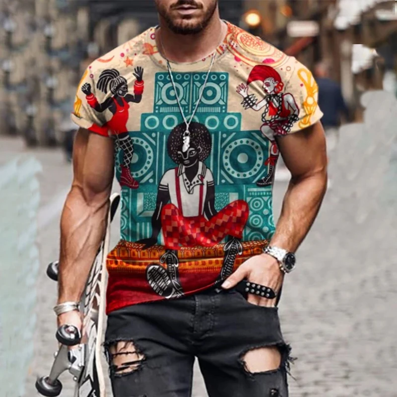 

2021 Summer Portrait Print Casual Retro Men's T-shirt Fashion O-neck Pullover Oversized Loose Tops