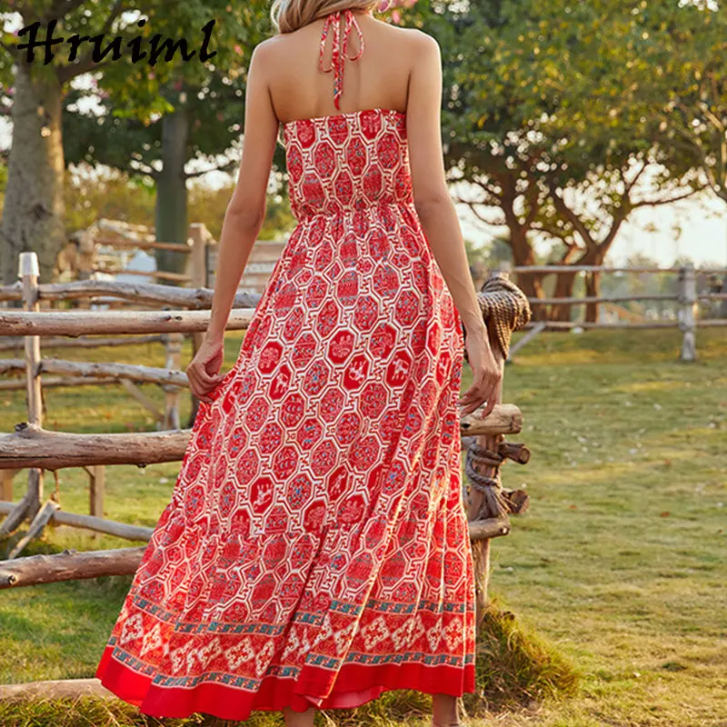 

Women Dresses Bohemian Printing Sleeveless Backless Sling Dress Fashion Hot Sale Ankle-Length A-Line Casual Vestiti Donna