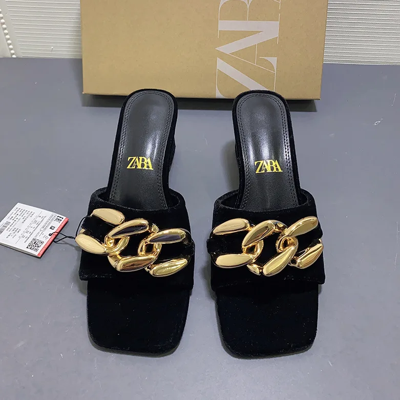 

ZA spring new women's shoes black chain decorated velvet high-heeled thick-heeled sandals with square toe open-toe slippers