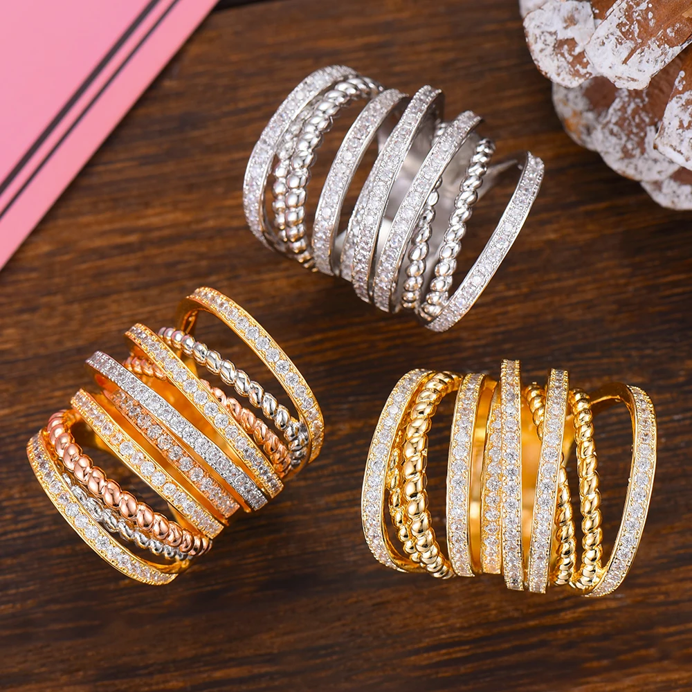 

GODKI Dubai Morocco Wide Lines Trendy Ring for Women Full Cubic Zircon Finger Rings Beads Charm Ring Bohemian Beach Jewelry